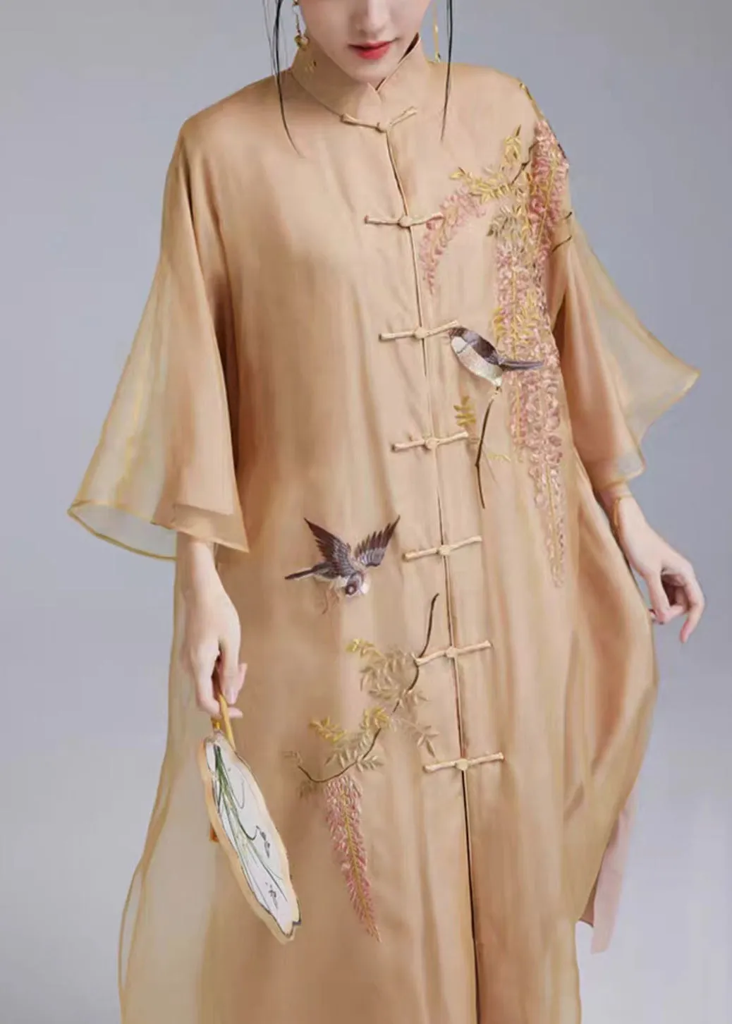 Loose Yellow Embroidered Button Silk Dress Flare Sleeve QA1077