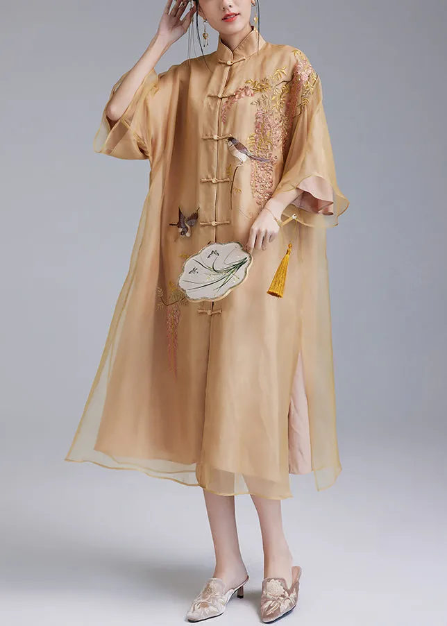 Loose Yellow Embroidered Button Silk Dress Flare Sleeve QA1077