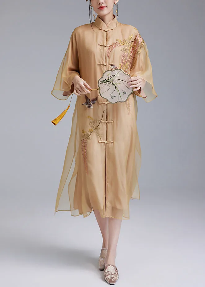 Loose Yellow Embroidered Button Silk Dress Flare Sleeve QA1077