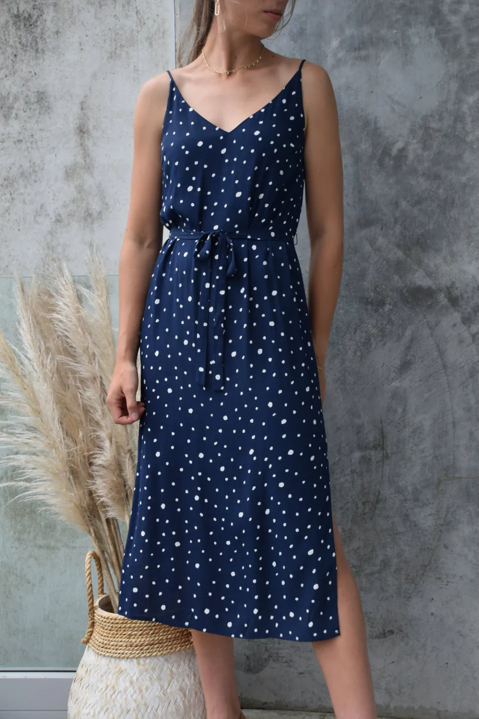 Lulu Navy Random Spot Tie Slip Dress