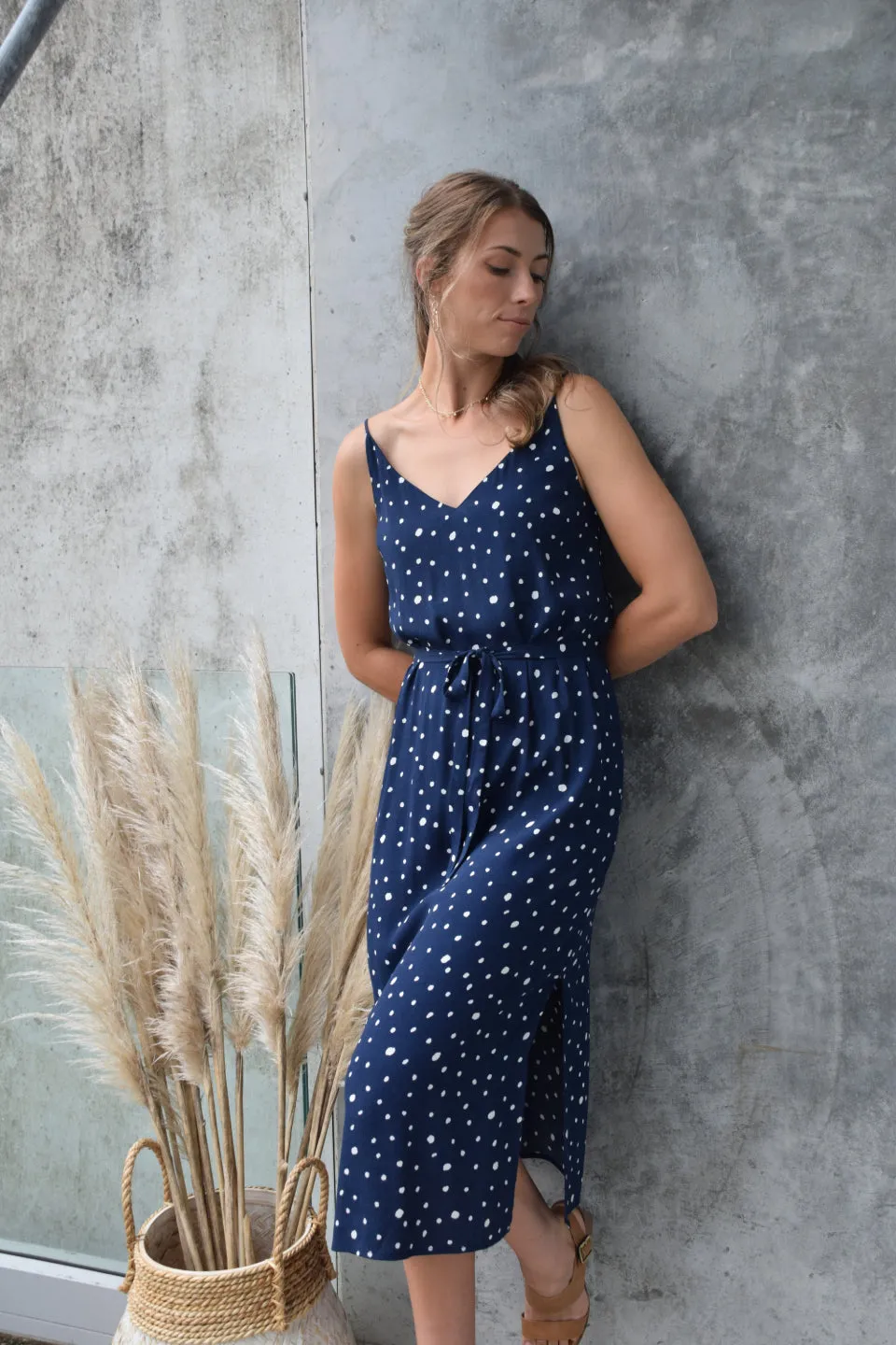 Lulu Navy Random Spot Tie Slip Dress