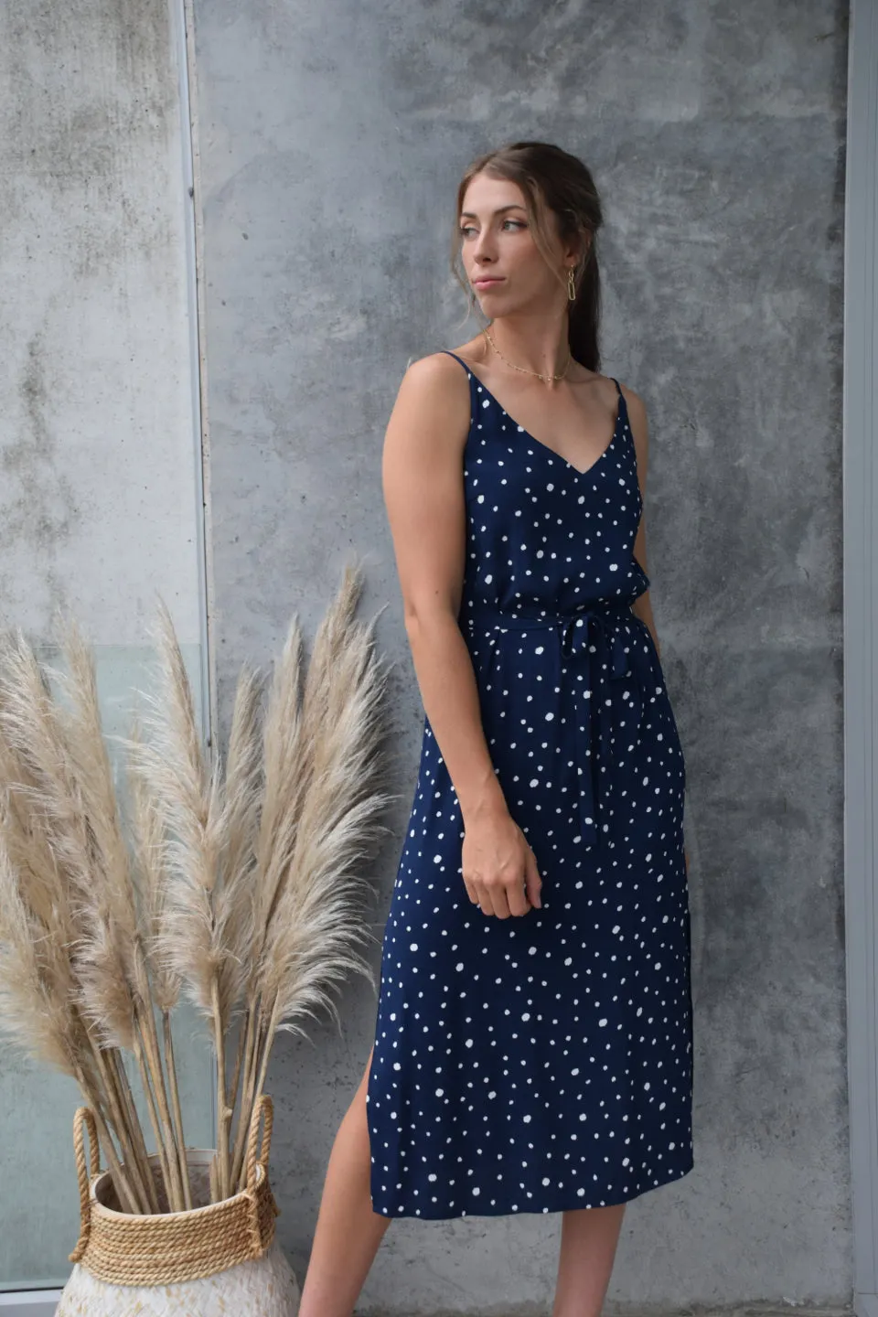 Lulu Navy Random Spot Tie Slip Dress