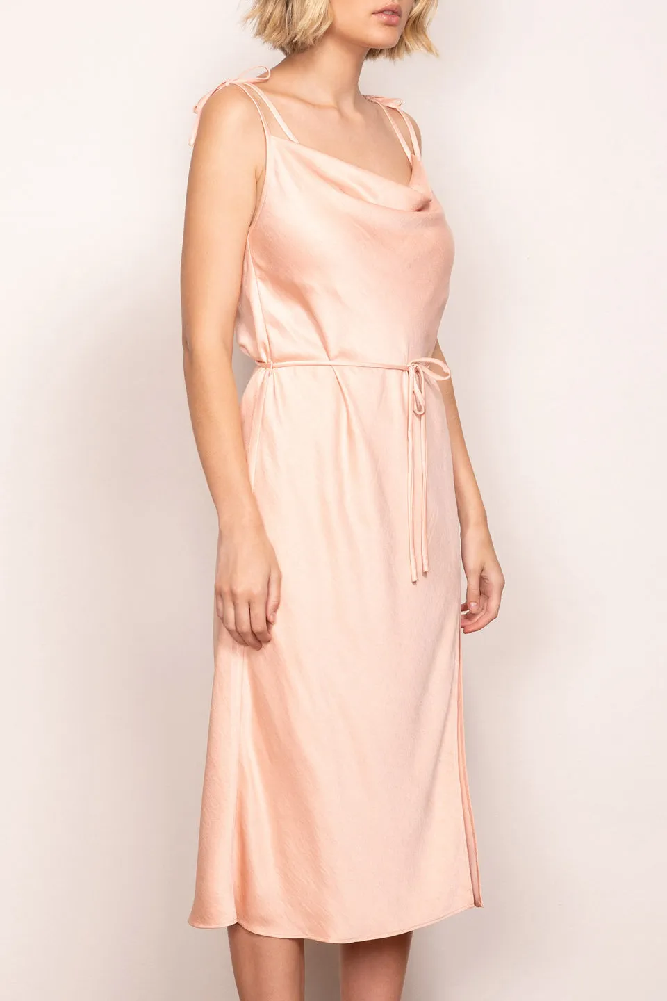 Luminous Strappy Cowl Neck Peach Midi Slip Dress