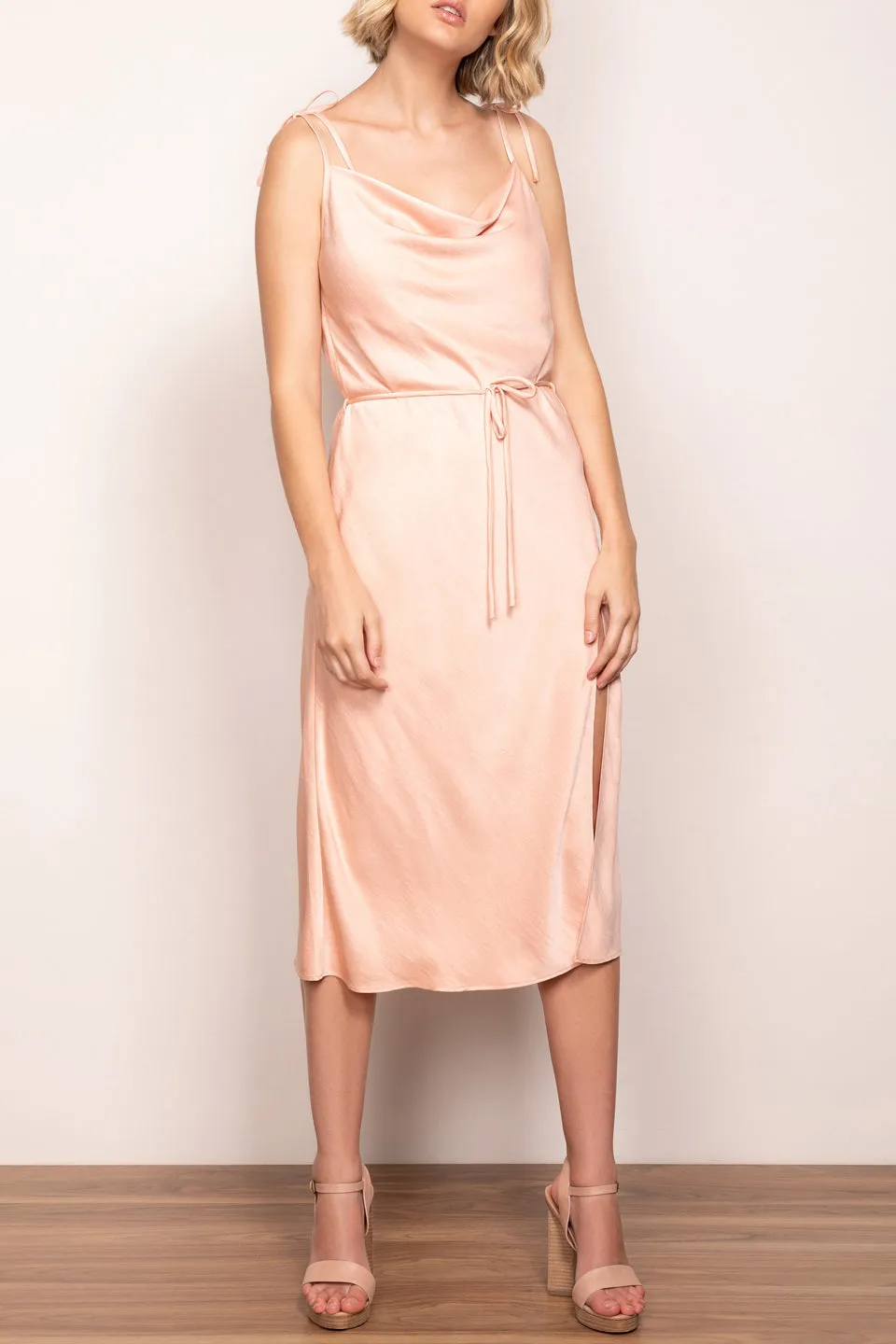 Luminous Strappy Cowl Neck Peach Midi Slip Dress