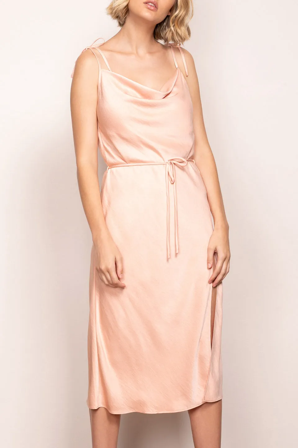 Luminous Strappy Cowl Neck Peach Midi Slip Dress