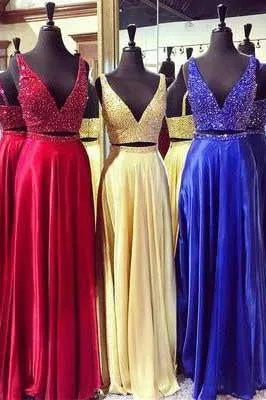 Luxury chiffon sequins V-neck two pieces prom dress evening dress