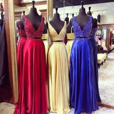 Luxury chiffon sequins V-neck two pieces prom dress evening dress