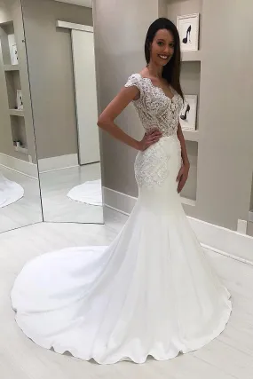 Luxury V Neck Cap Sleeves Mermaid Wedding Dresses