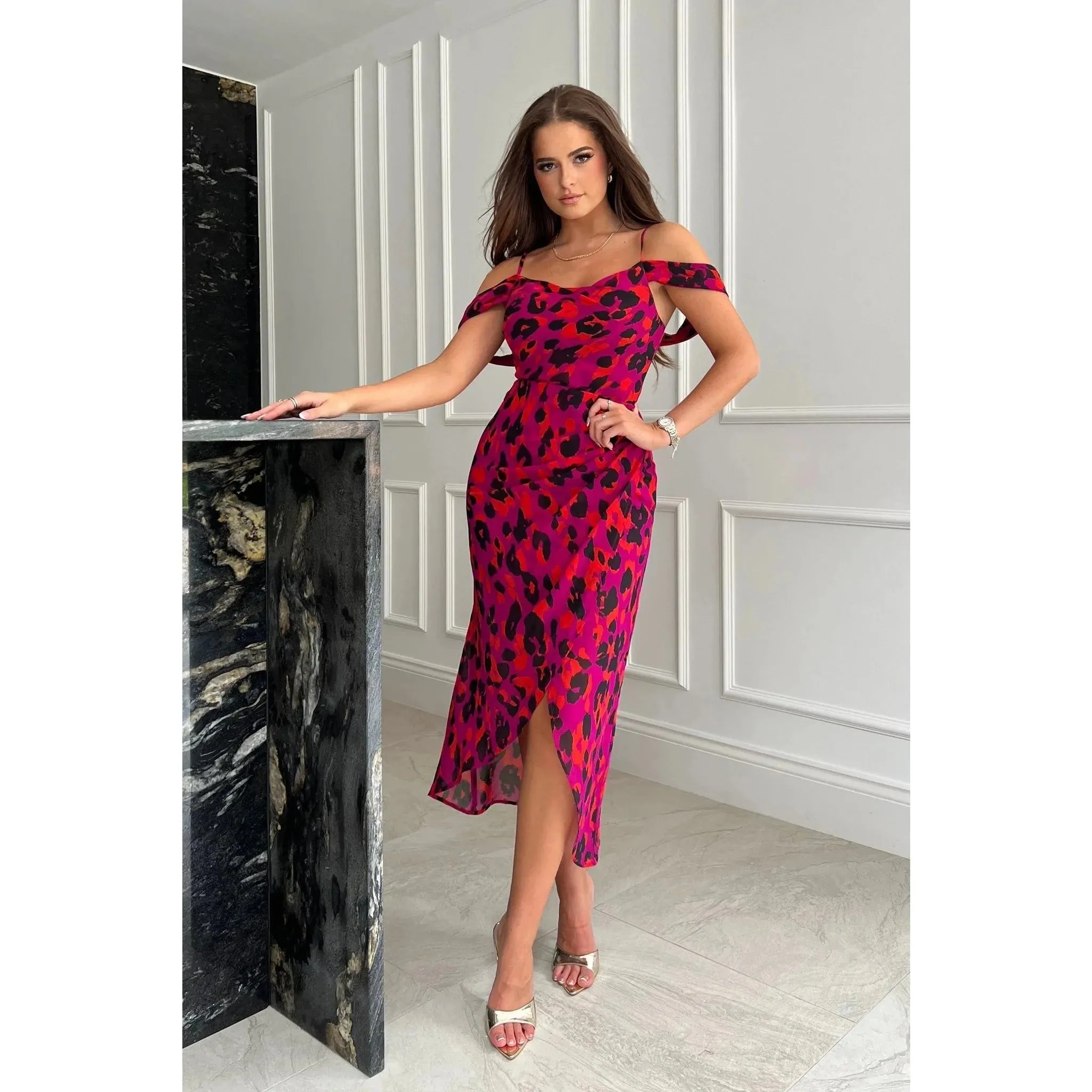 Magenta, Orange & Black Animal Print Off the Shoulder Chiffon Midi Dress