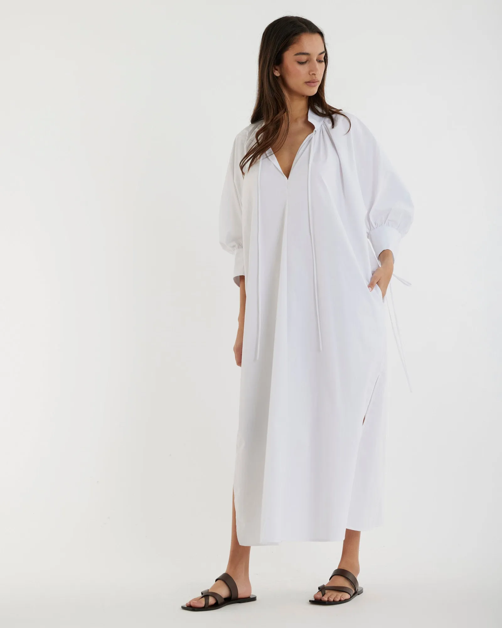 Marie Poplin Tie Dress - White