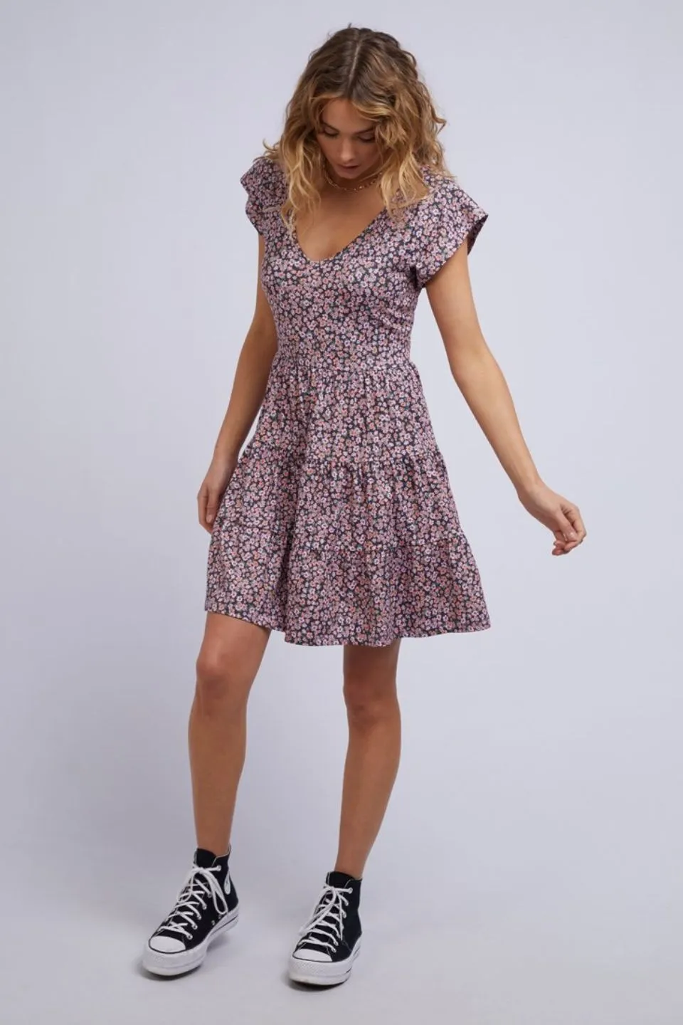 Marnie SS Tiered Purple Print Mini Dress