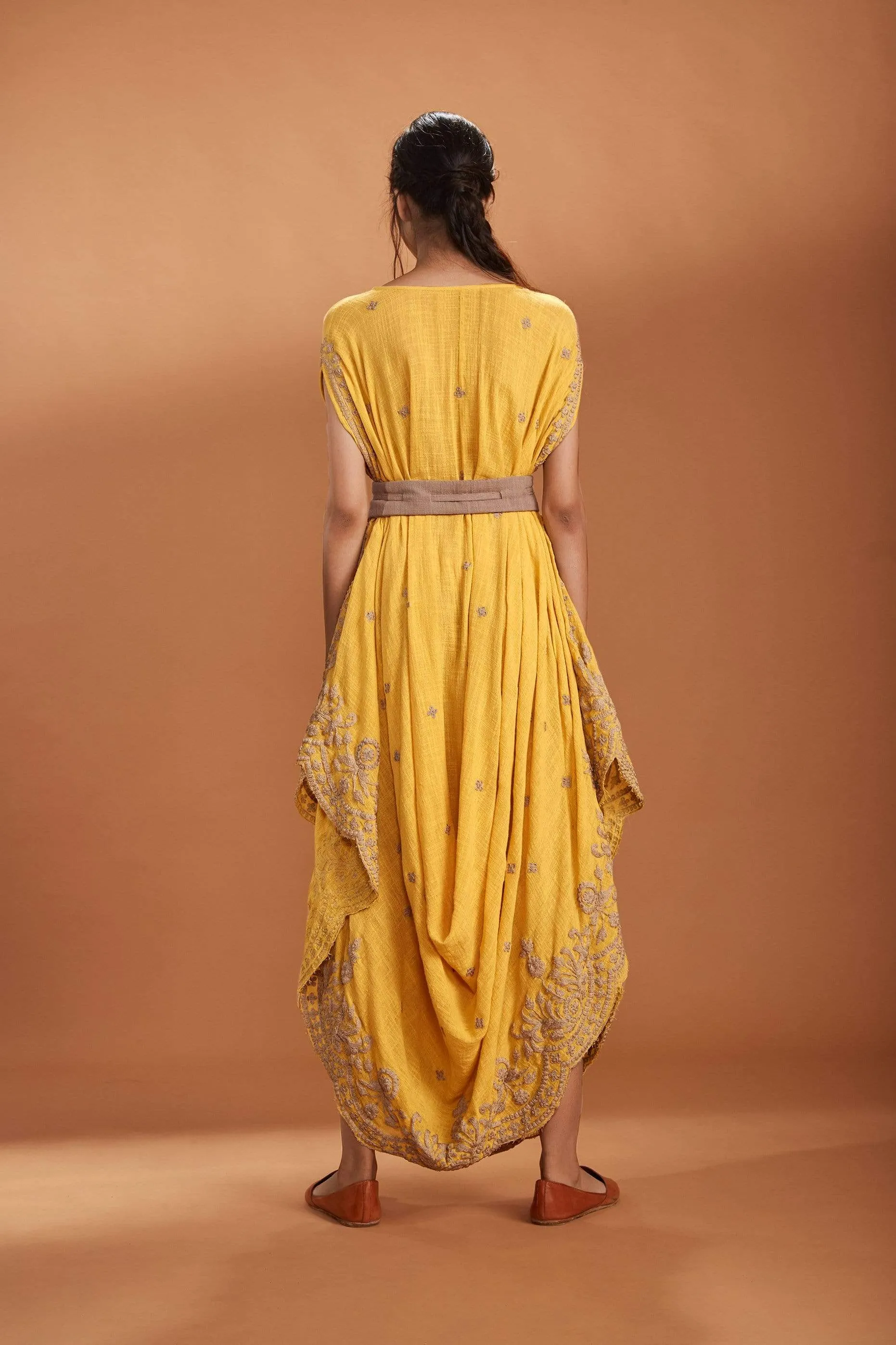 MATI EMB COWL DRESS YELLOW WITH BELT