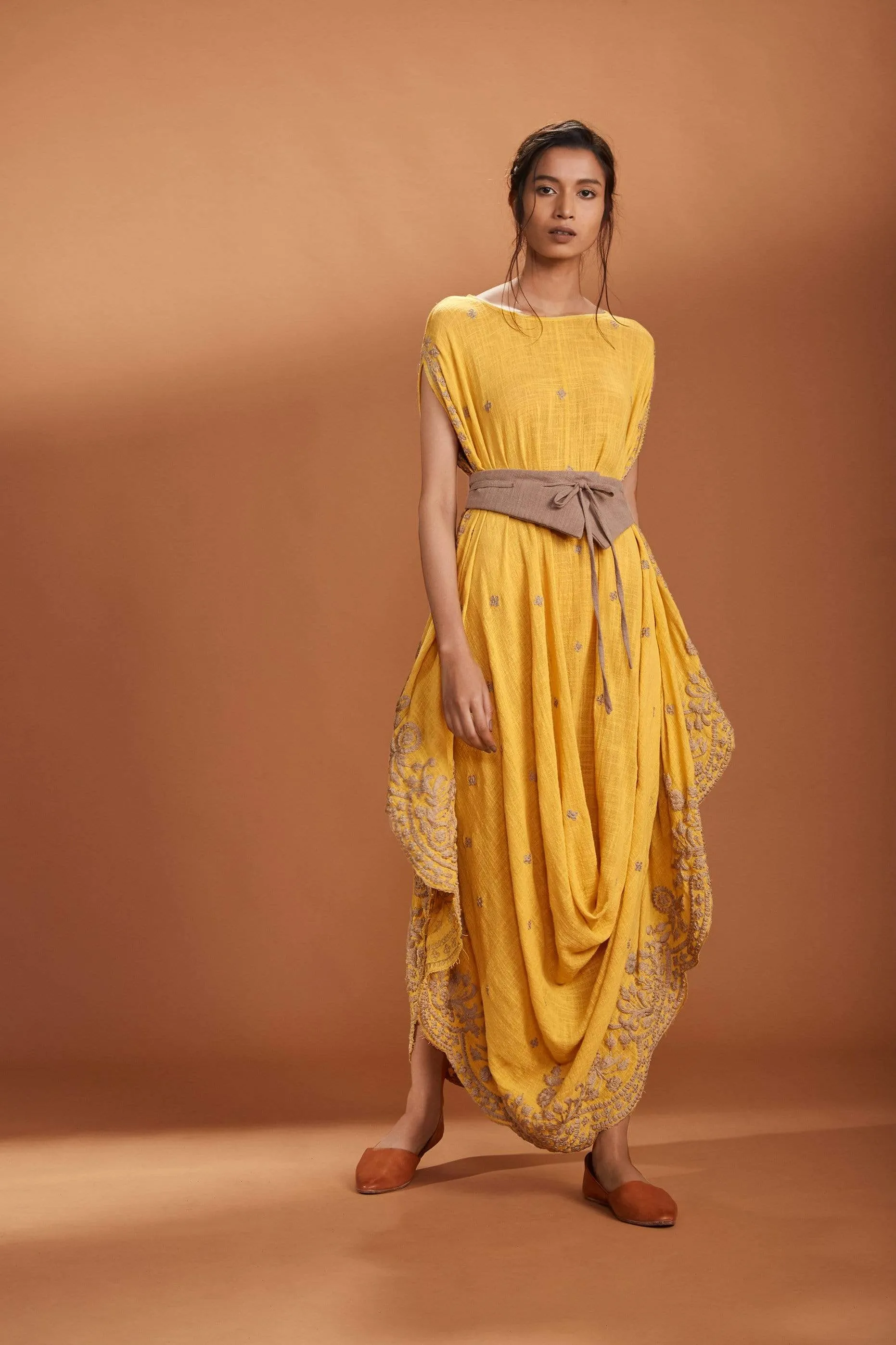 MATI EMB COWL DRESS YELLOW WITH BELT