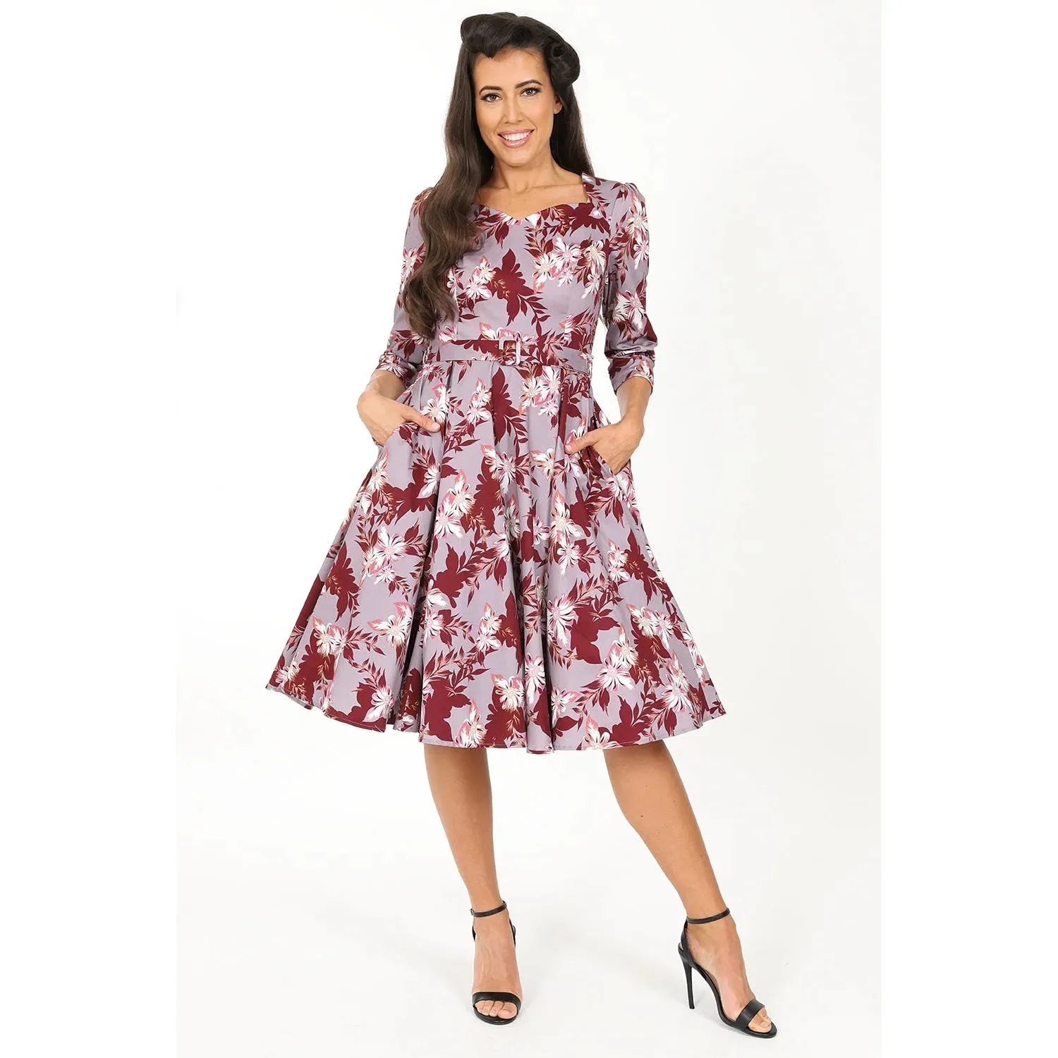 Mauve Floral Print 3/4 Sleeve 50 Swing Tea Dress w/ Sweetheart Neckline & Pockets