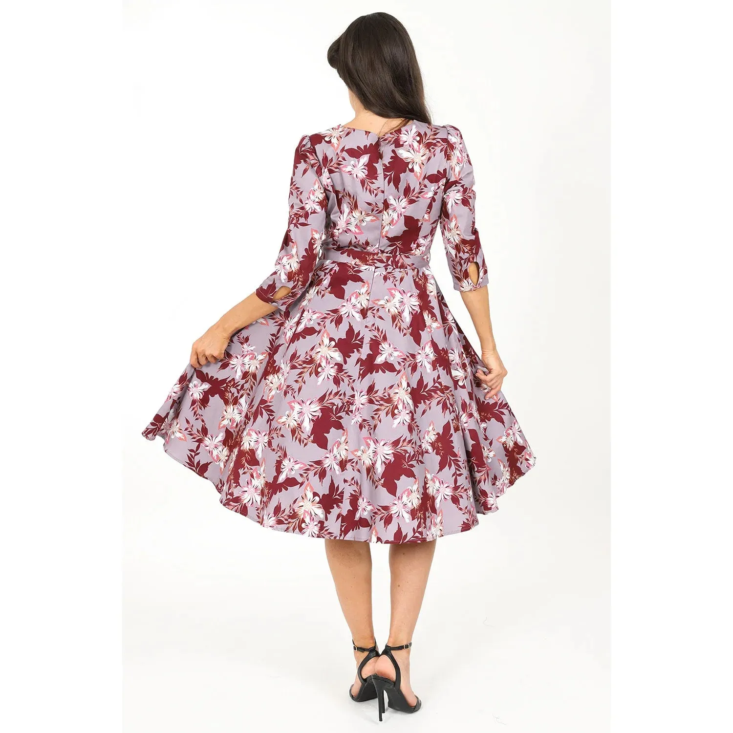 Mauve Floral Print 3/4 Sleeve 50 Swing Tea Dress w/ Sweetheart Neckline & Pockets