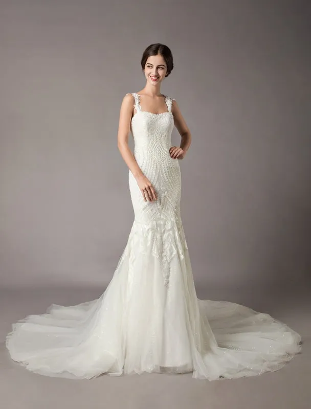 Mermaid Wedding Dresses Luxury Straps Sequin Lace Tulle Chapel Train Bridal Gowns