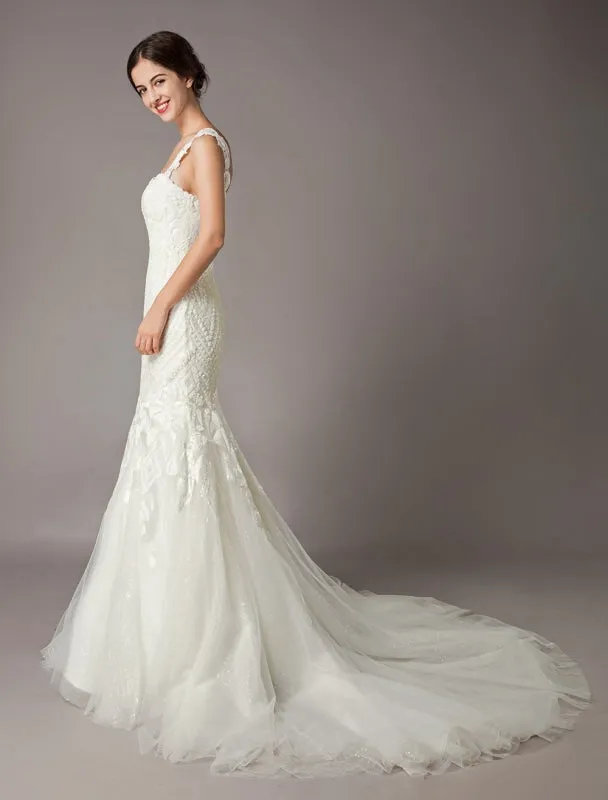 Mermaid Wedding Dresses Luxury Straps Sequin Lace Tulle Chapel Train Bridal Gowns