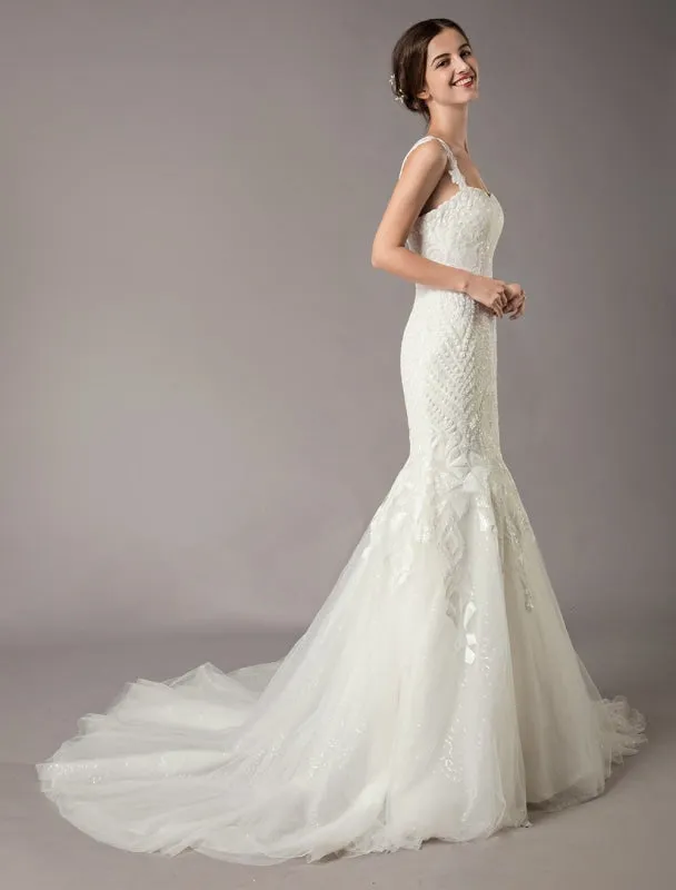 Mermaid Wedding Dresses Luxury Straps Sequin Lace Tulle Chapel Train Bridal Gowns