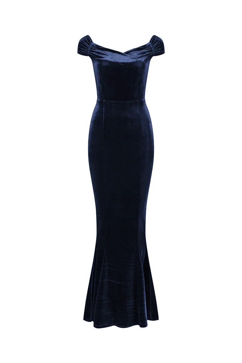 Navy Blue Cap Sleeve Crossover Bust Fishtail Hem Velour Maxi Dress