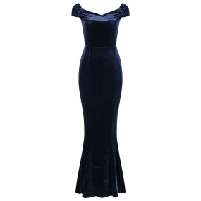 Navy Blue Cap Sleeve Crossover Bust Fishtail Hem Velour Maxi Dress