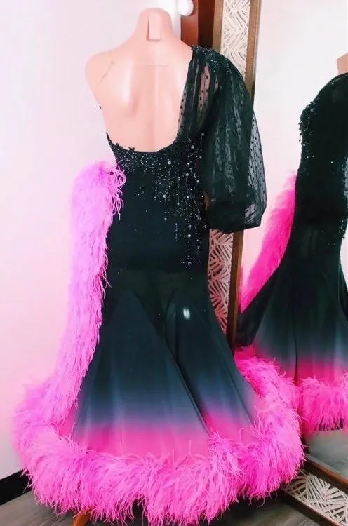 New Black & Pink Ballroom Dress with Feathers