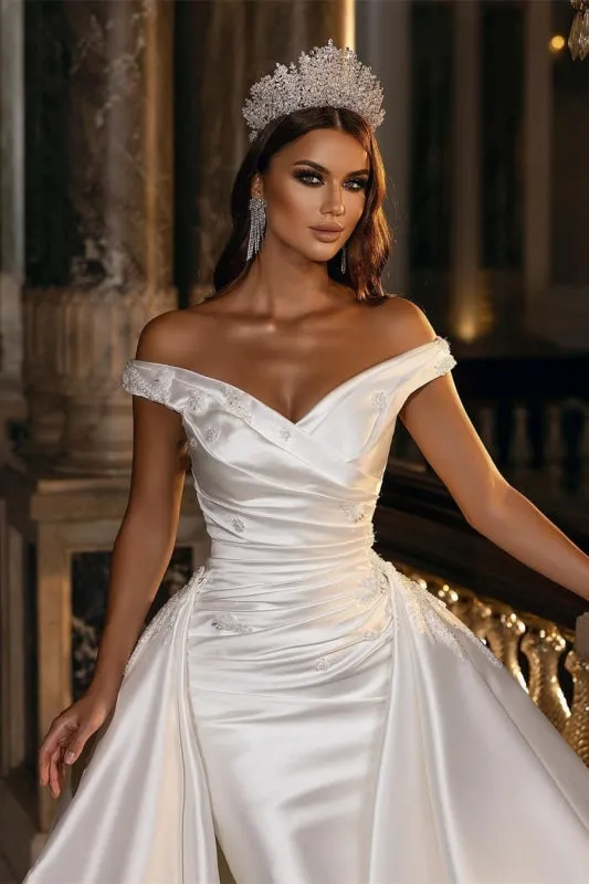 Off-the-Shoulder Satin Wedding Dress with Detachable Sweep Train