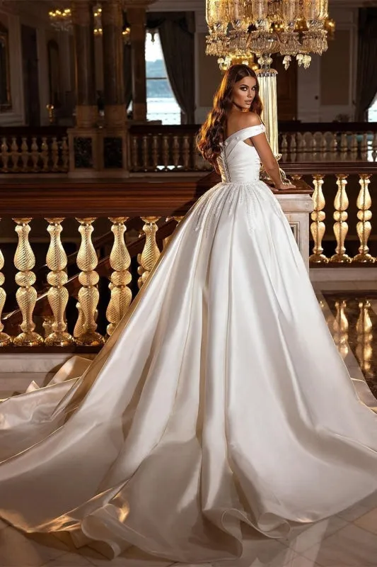 Off-the-Shoulder Satin Wedding Dress with Detachable Sweep Train