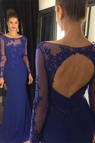 Open Back Long Sleeve Scoop Royal Blue Mermaid Floor-Length Beads Sexy Prom Dresses