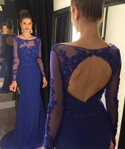 Open Back Long Sleeve Scoop Royal Blue Mermaid Floor-Length Beads Sexy Prom Dresses