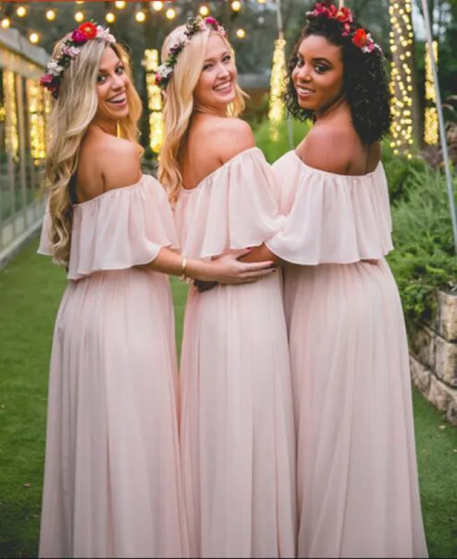 Pastel Pink Ruffles Long Chiffon Bridesmaid Dress