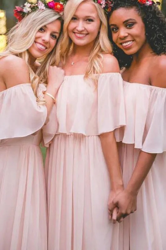 Pastel Pink Ruffles Long Chiffon Bridesmaid Dress