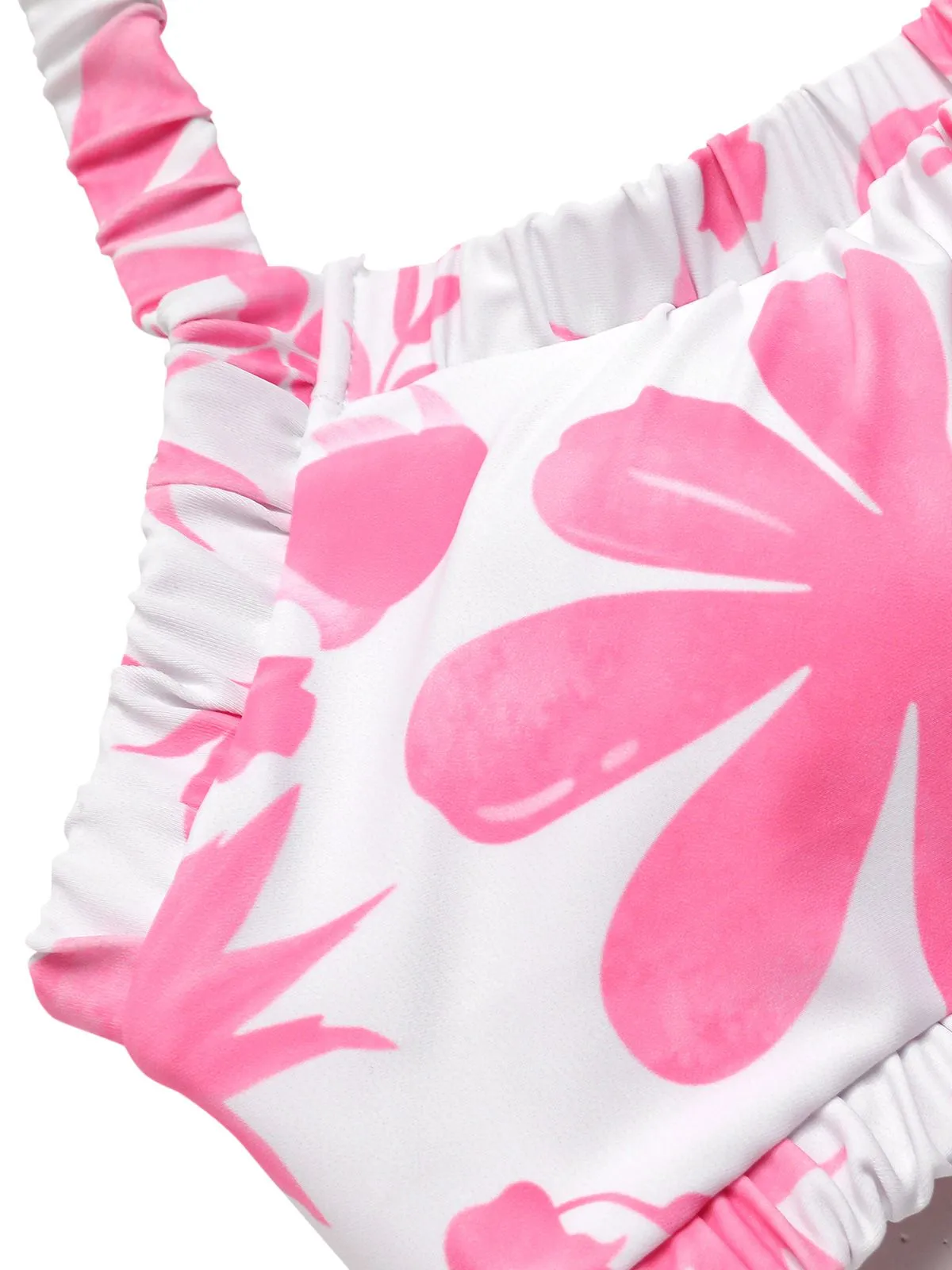 Pink 1930s Floral Elastic Gathers Halter Swimsuit