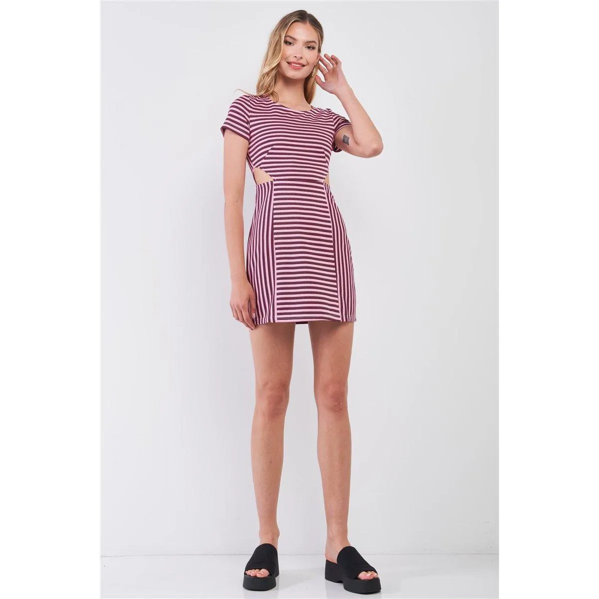 Pink & Black Striped Short Sleeve Cut-out Detail Tight Fit Mini Dress