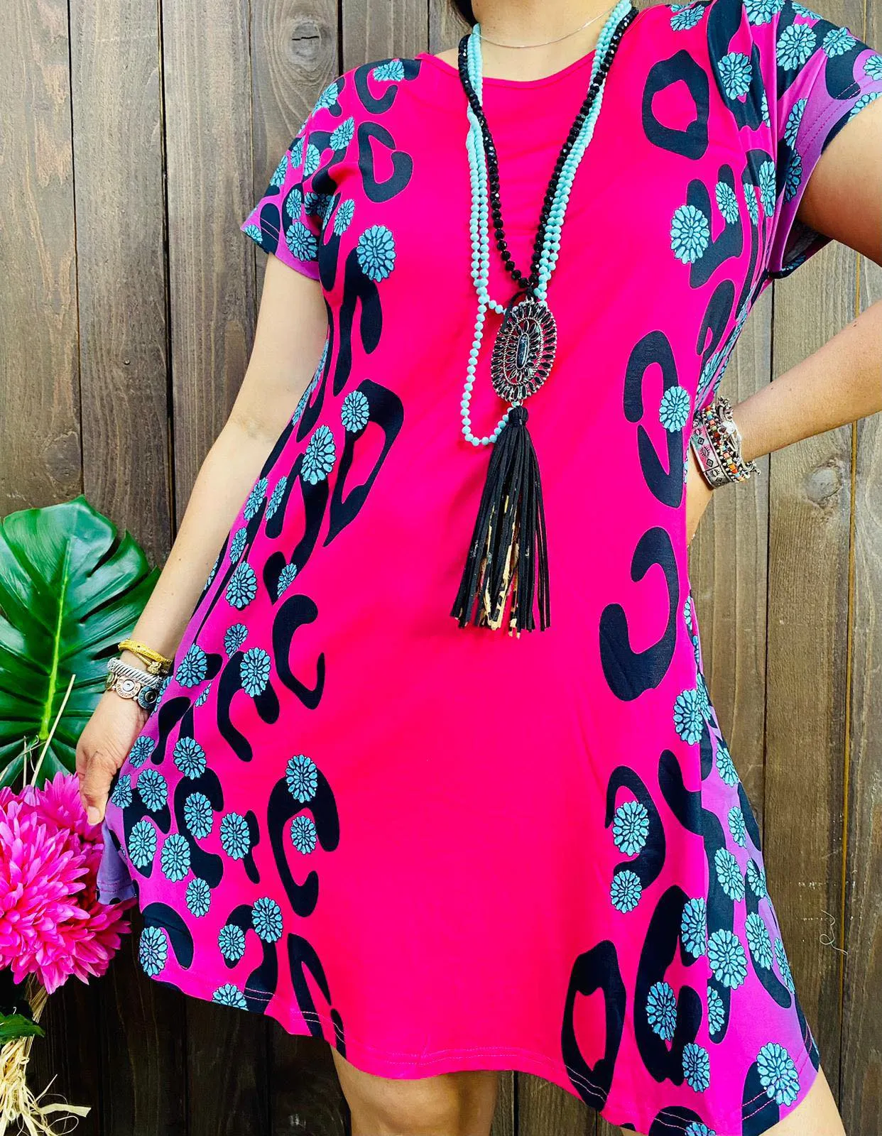 Pink Dress with Turquoise conchos and leopard print