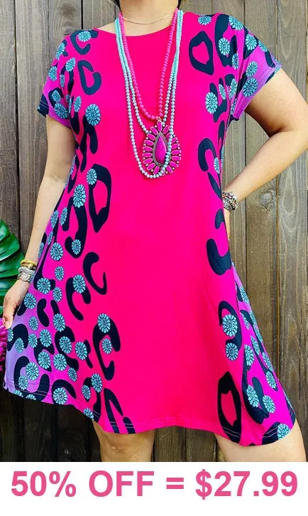 Pink Dress with Turquoise conchos and leopard print