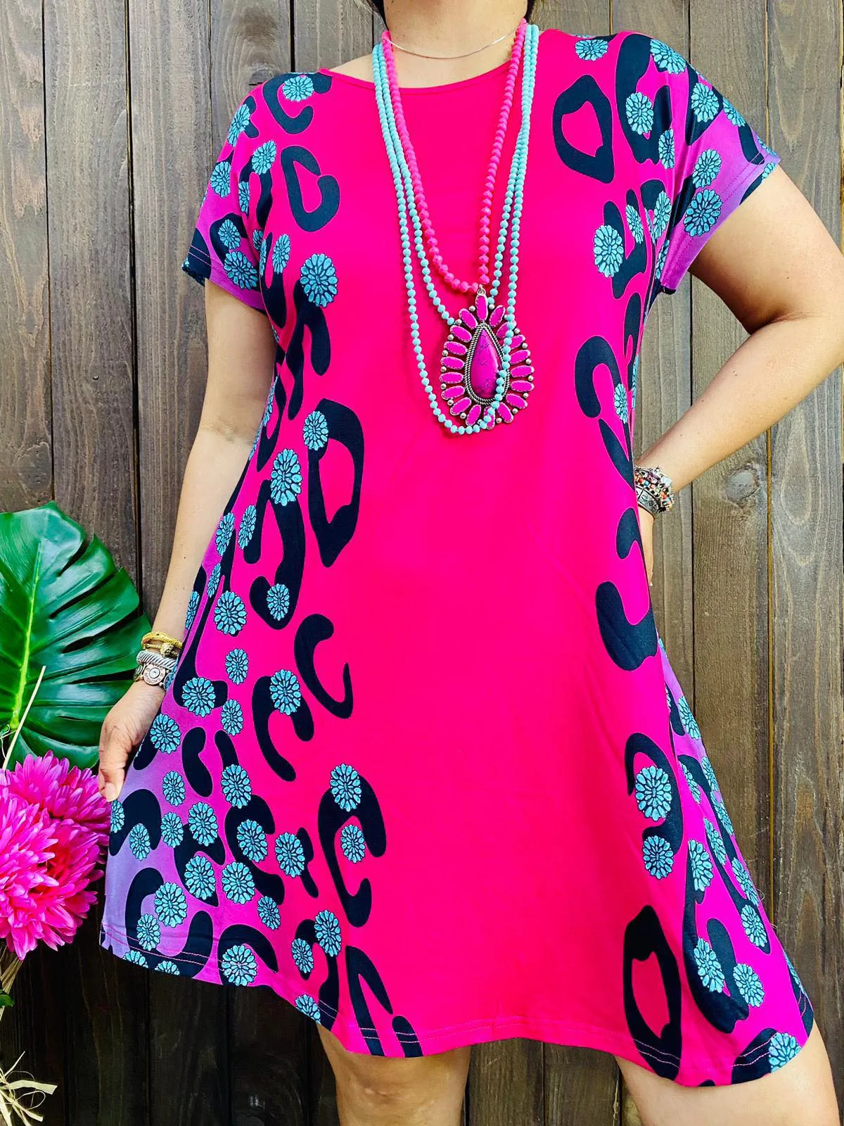 Pink Dress with Turquoise conchos and leopard print