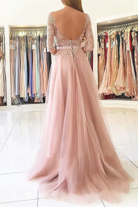 Pink Three Quarter Sleeves Prom Dress With Split