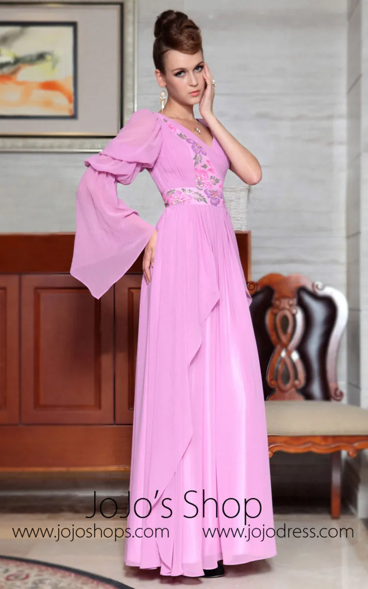 Pink V Neck Long Sleeve Evening Dress