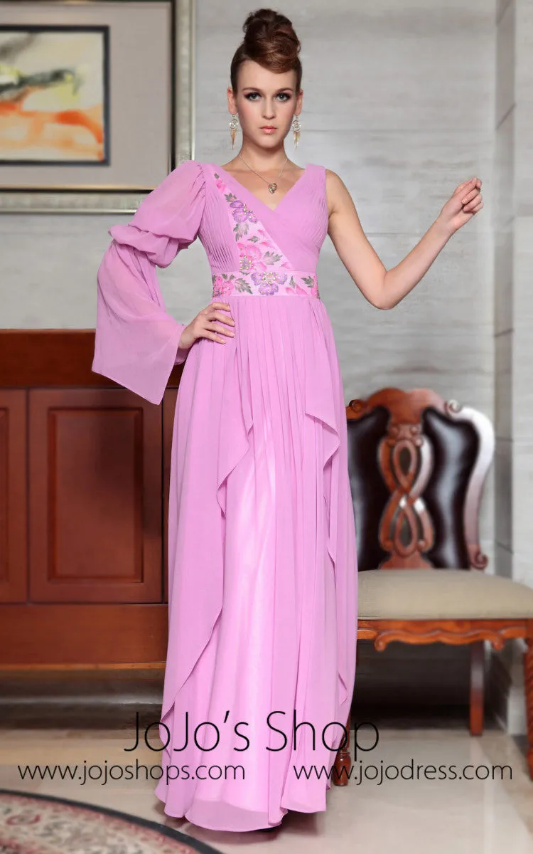 Pink V Neck Long Sleeve Evening Dress