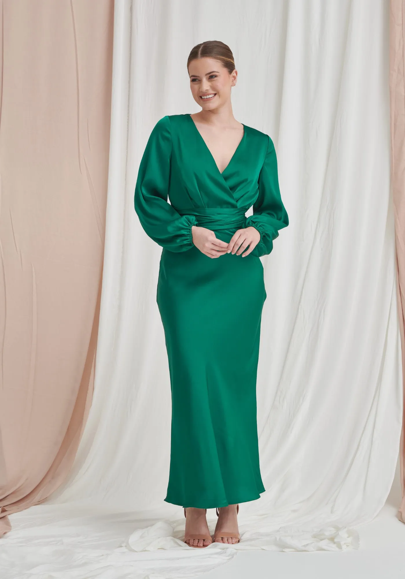 Pippa Long Sleeve Satin Maxi Dress - Emerald