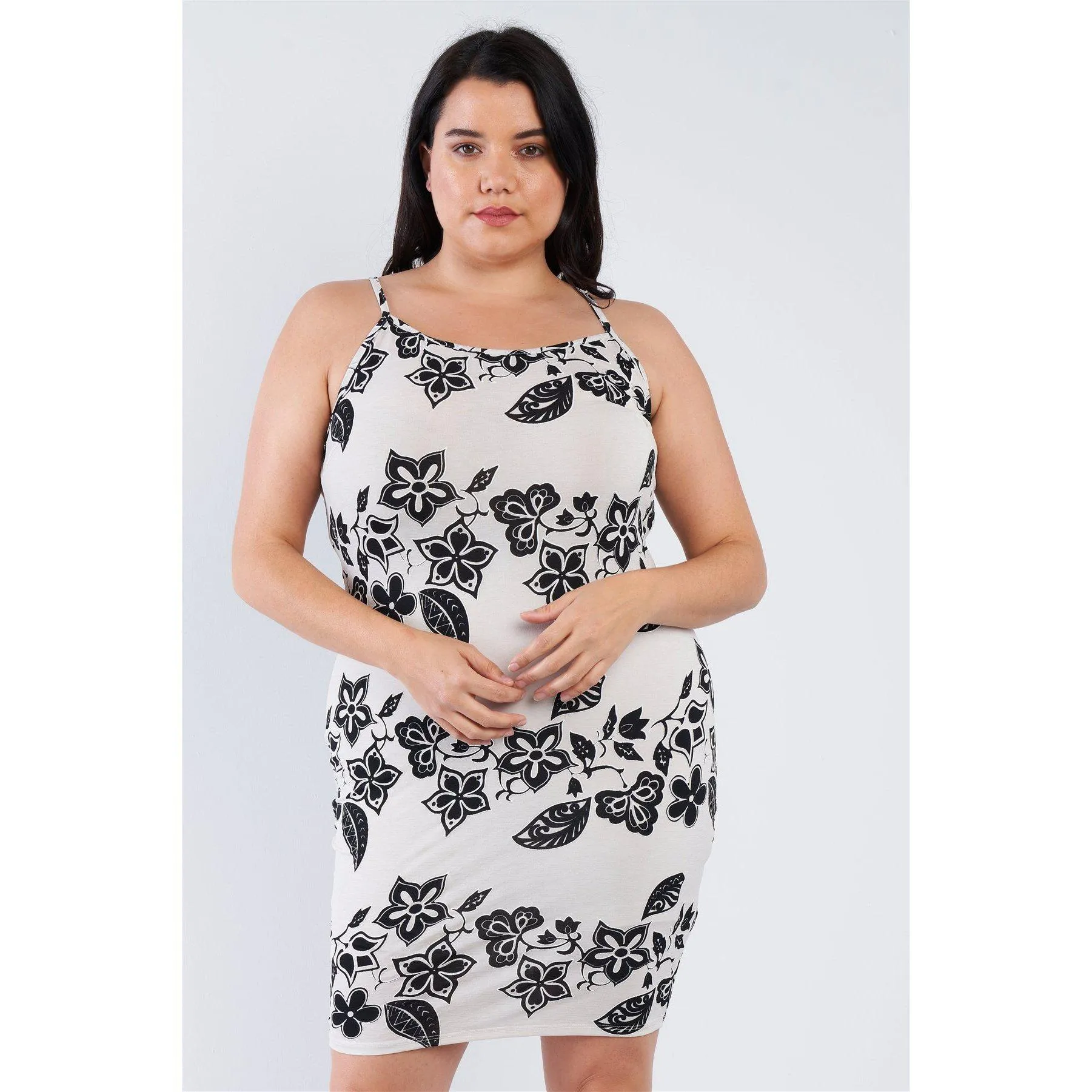 Plus Size Ivory Black Floral Basic Dress