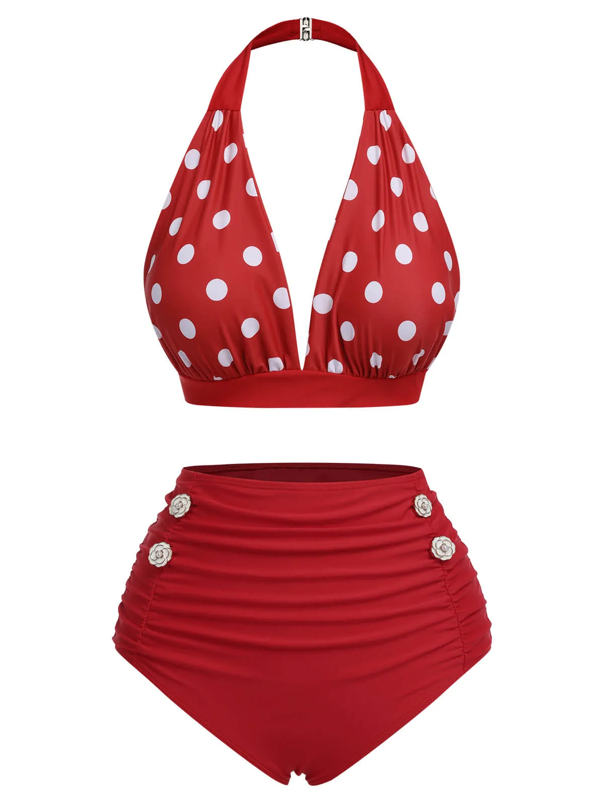 [Pre-Sale] Red 1950s Polka Dot Halter Separate Swimsuit