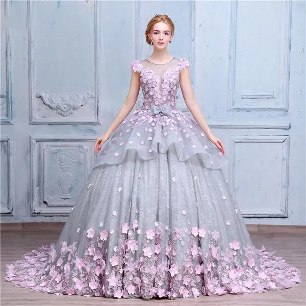 Pretty Flowers Quinceanera Dresses Ball Gown Long Backless Wedding Gowns