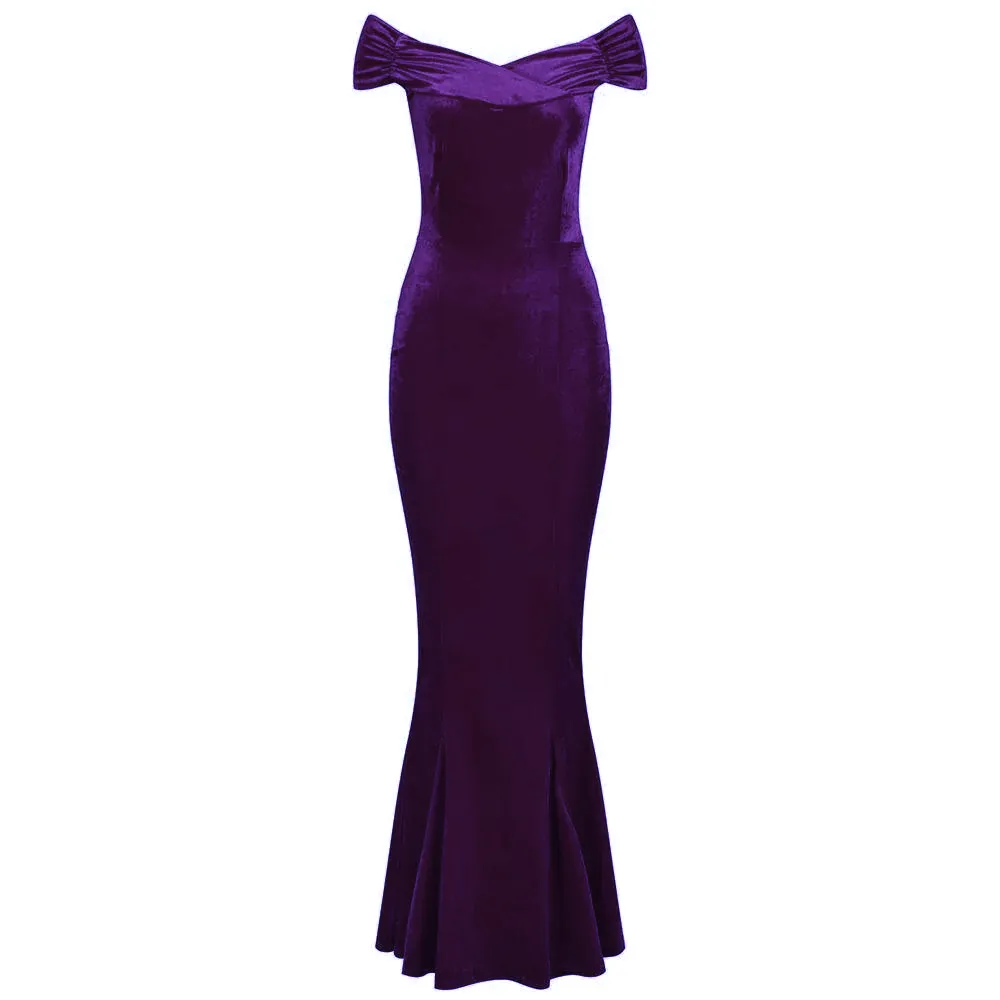 Purple Cap Sleeve Crossover Bust Fishtail Hem Velour Maxi Dress