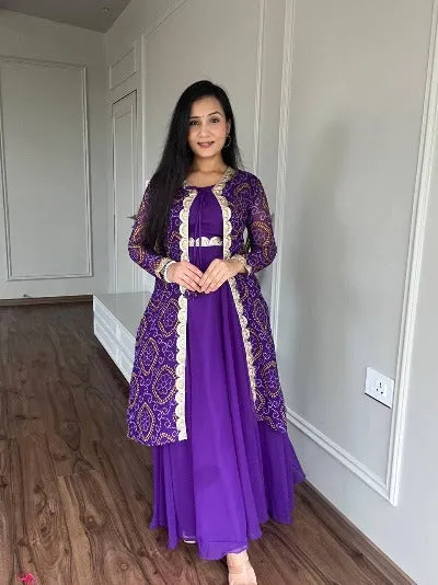 Purple Georgette Bandhej Long Gown With Shrug 1Pc