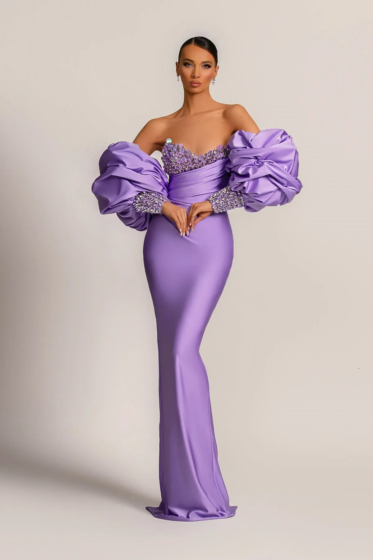 Purple Mermaid Prom Dress with Bubble Sleeves and Long Sleeves