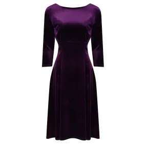 Purple Velour 3/4 Sleeve Vintage Swing Midi Dress