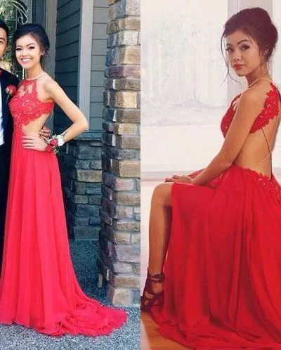 Red Backless Sexy Lace Unique Halter A-Line Slit Criss Cross Sleeveless Prom Dresses