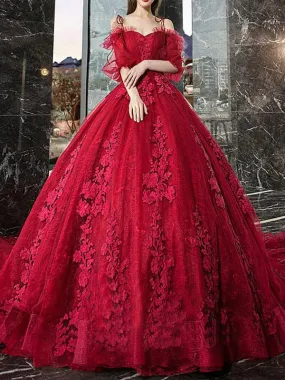 Red Princess Wedding Dresses Tulle Half Sleeves Bridal Gown Applique Evening Party Dresses