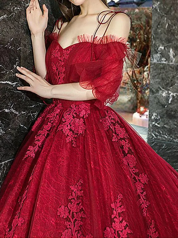 Red Princess Wedding Dresses Tulle Half Sleeves Bridal Gown Applique Evening Party Dresses